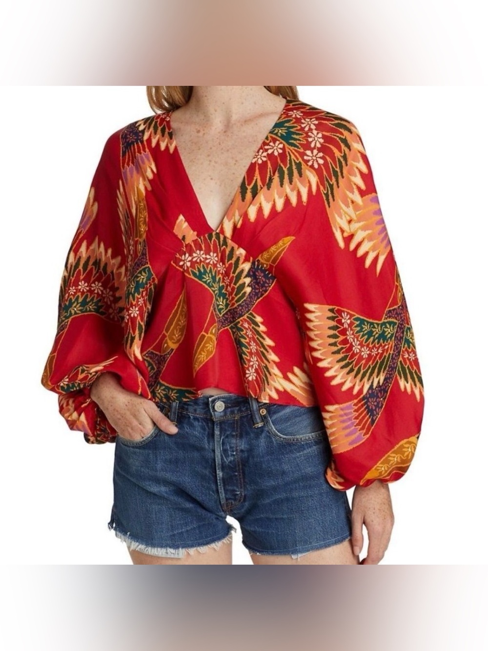 FARM Rio Red V-Neck Bird-Print Balloon Sleeve Blouse